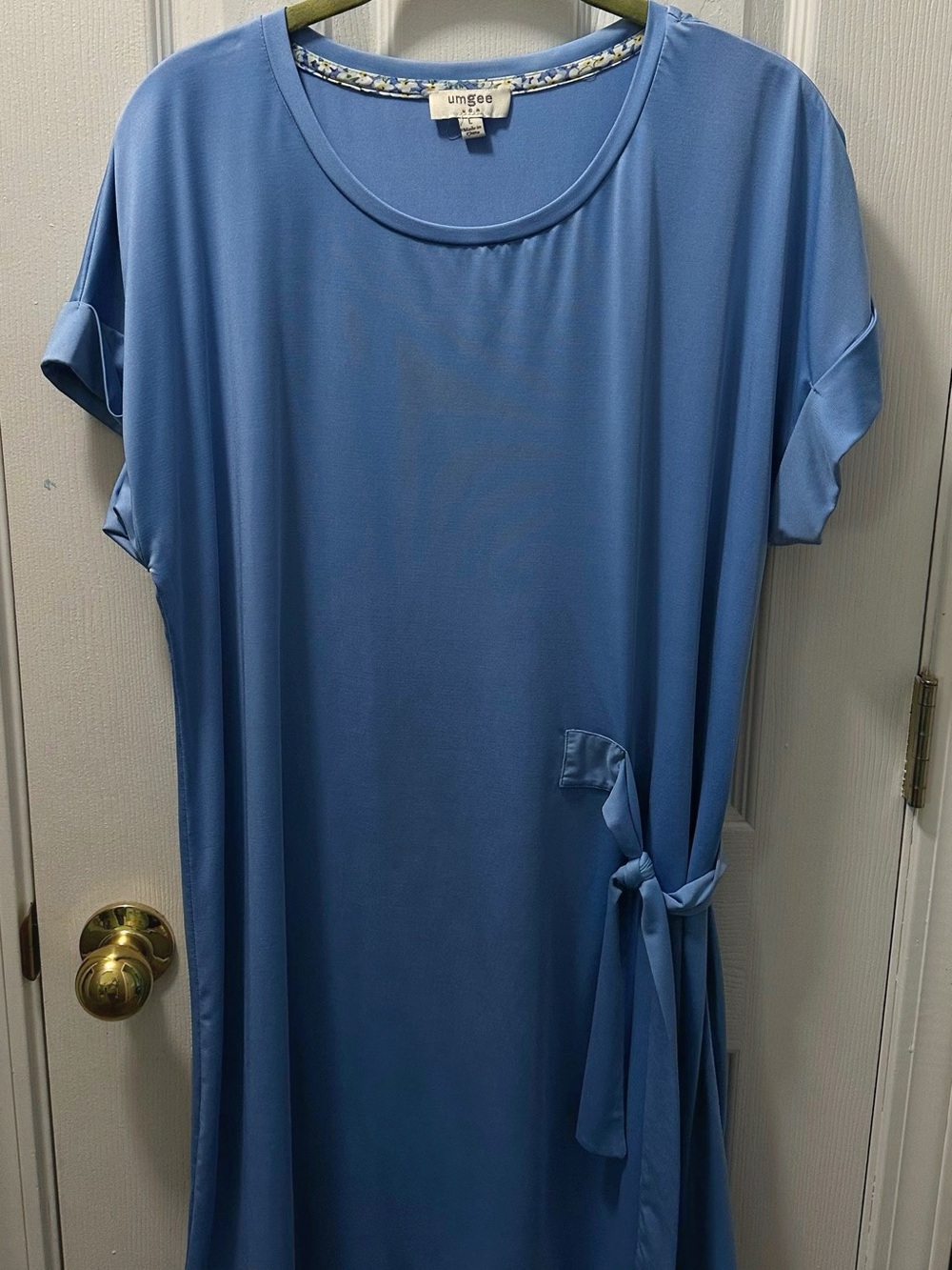 Umgee Dusty Blue Short-Sleeve Tie-Waist Tunic Dress
